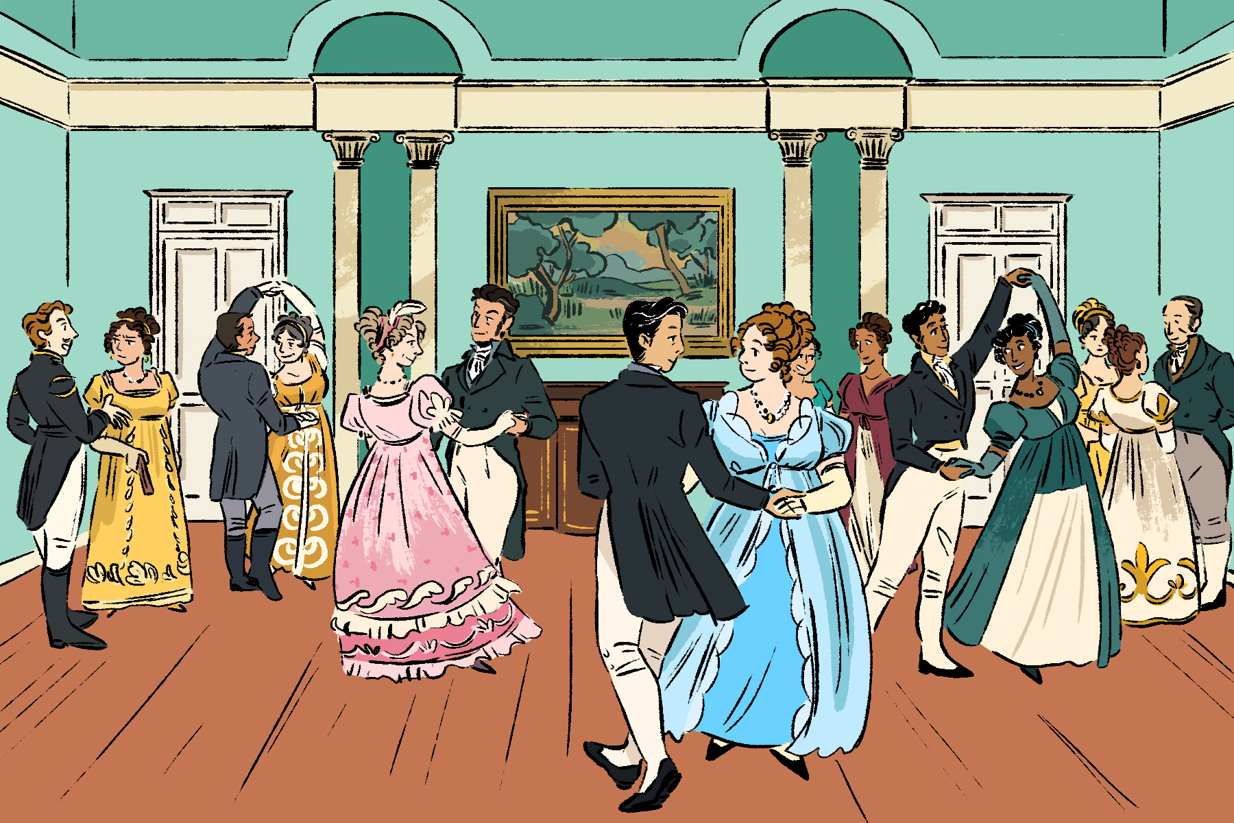 illustration of people dancing at an 18th century ball