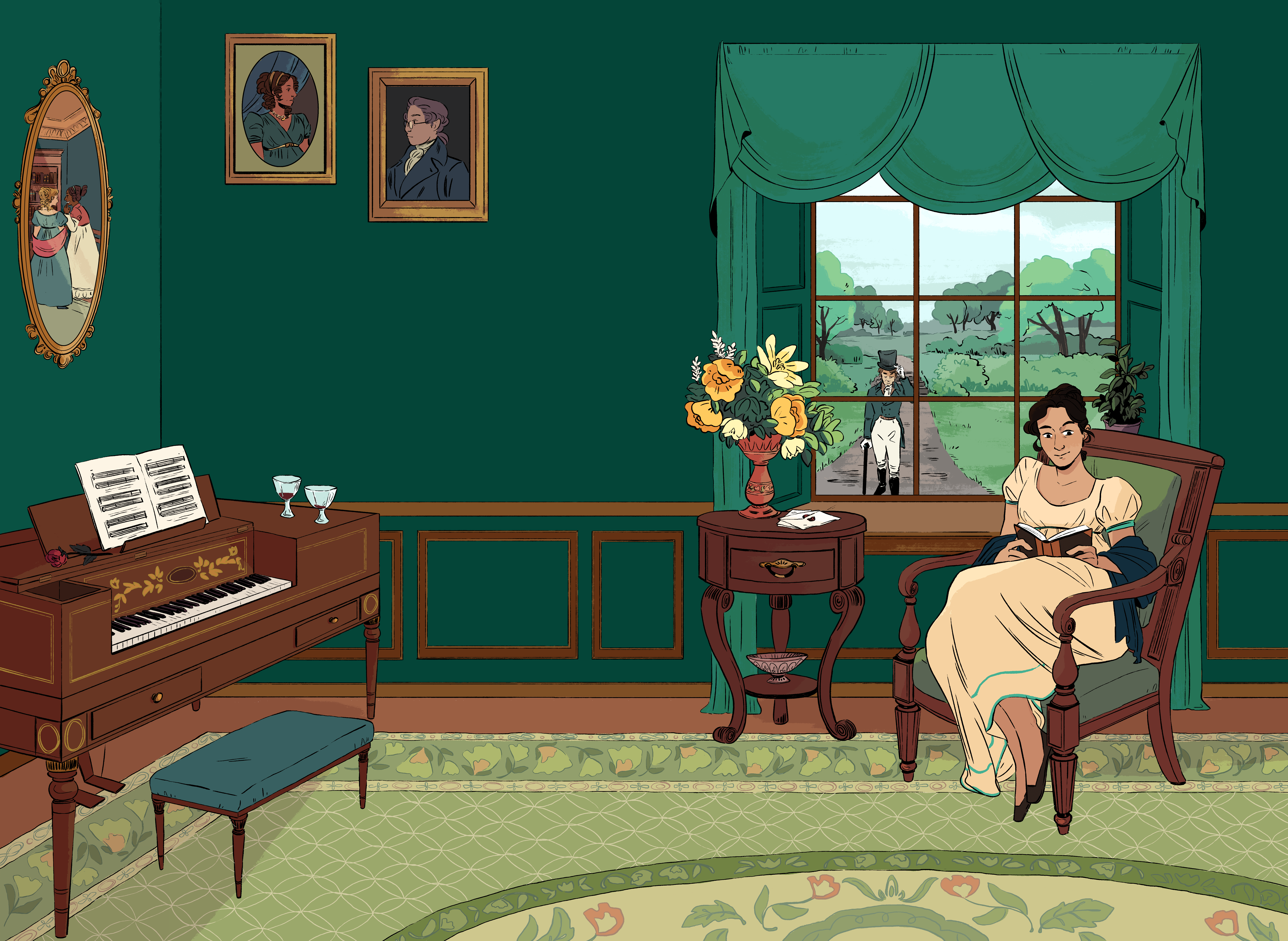 illustration of a young 18th century woman reading a book in a green parlor room