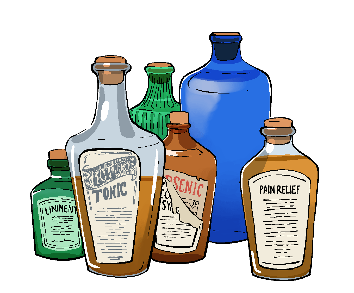 illustration of 18th century poison bottles on a white background